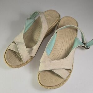 Crocs Women's‎ Wedge Espadrille Sandals Tan Light Blue Slingback Size 9